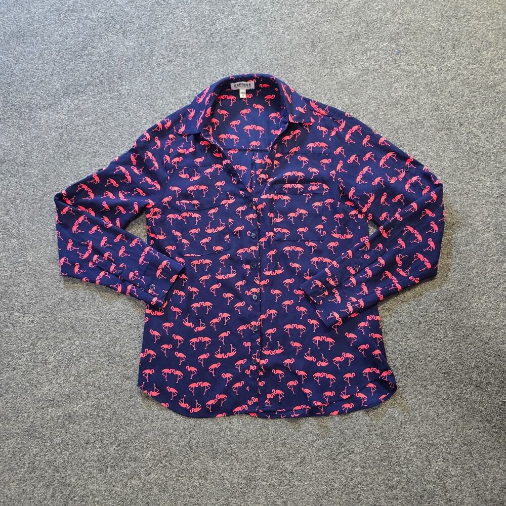 Express Top Women Size XS Blue Pink Flamingo Portofino Sheer Long Sleeve Career